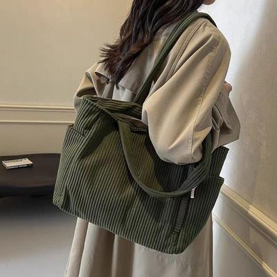 Corduroy Women's Shopper Tote Bag Zip Closure Shopping Handbags Durable Lunch Bags  Daily Use