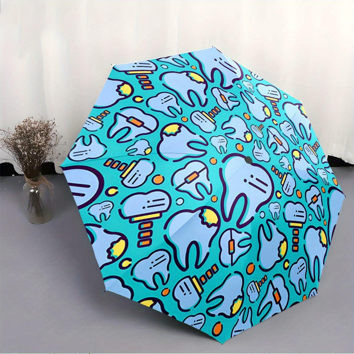 

Automatic Folding Umbrella The umbrella features a cartoon dental theme with teeth and toothbrushes. Portable collapsible desi