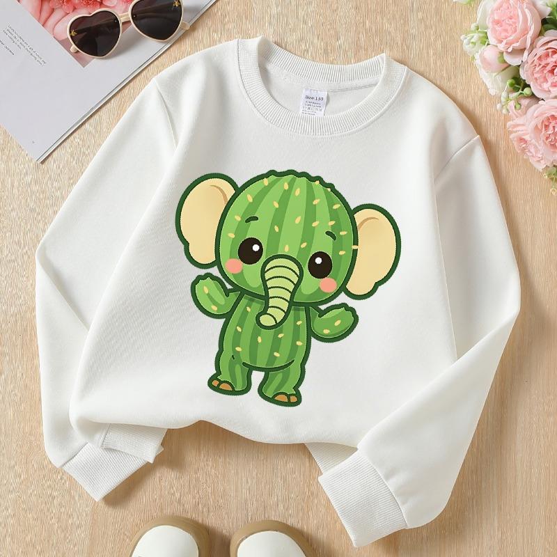 Kids Crewneck Sweatshirt, Cute Cactus & Elephant Cartoon Graphic Print,Spring Autumn Casual Sports Top