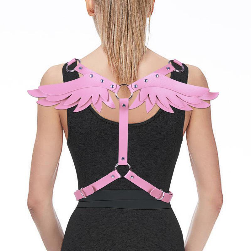 Women's Leather Angel Wings Punk Harness Top with Straps
