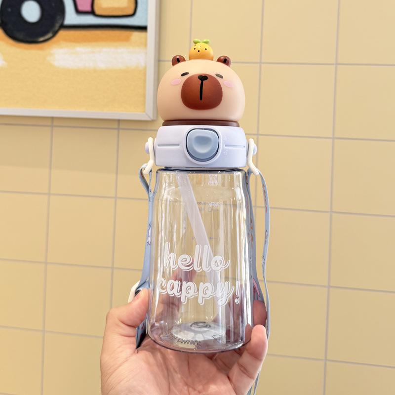 Cartoon Bear Straw Cup: Portable Flip-top Water Bottle with Lanyard