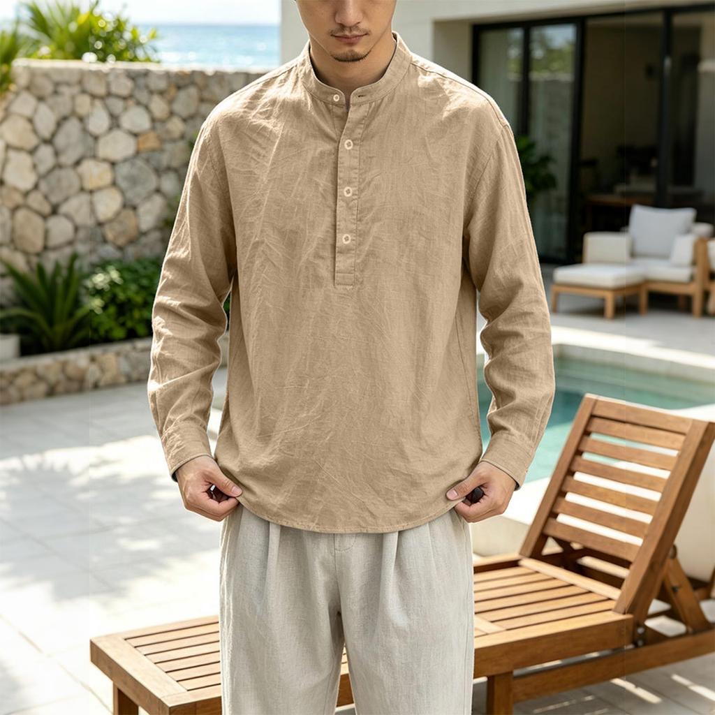 Men's Linen Shirt Long Sleeve Loose Fit Casual Pullover Beach Vacation