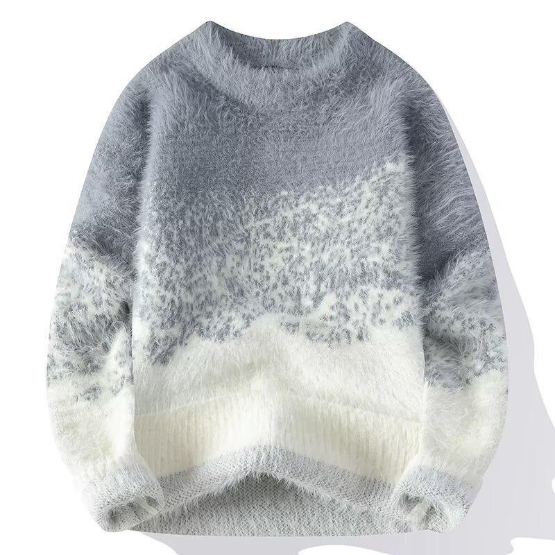 Gradient Soft Fuzzy Knit Sweater Men Round Neck Warm Autumn Winter Pullover