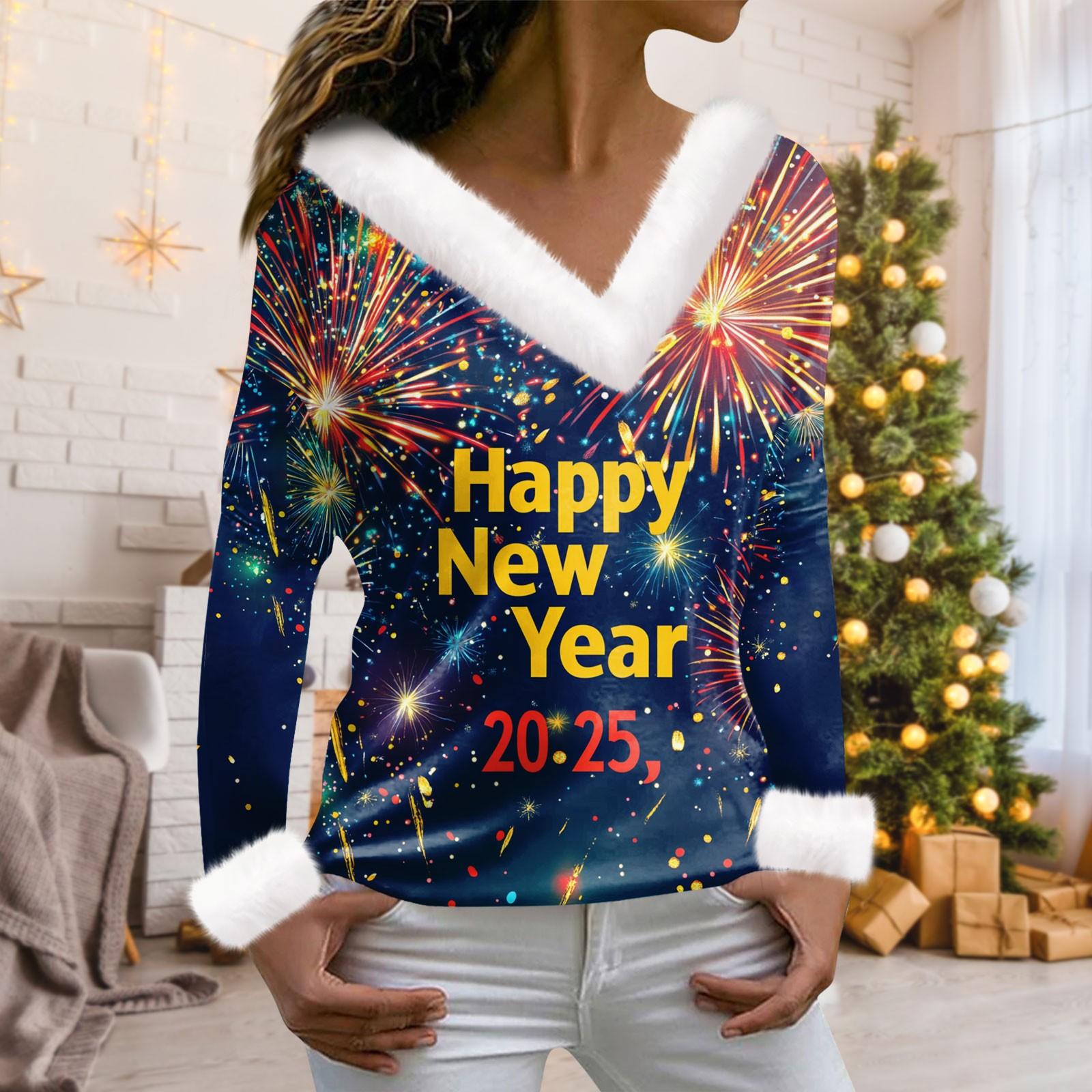 

Женская мода с длинным рукавом и рождественским принтом для вечеринок, плюшевый повседневный топ с V-образным вырезом XXL тёмно-синий