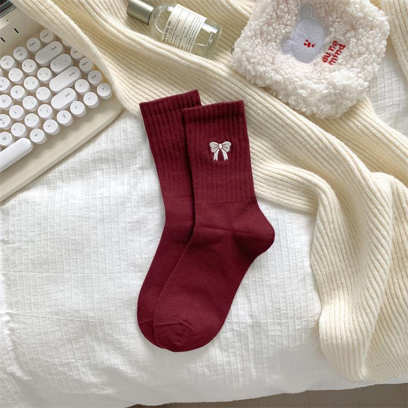 2024 Autumn/Winter Sporty Red Angora Bow Embroidered Mid-Calf Women's Socks