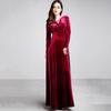 Women Evening Dress Golden Velvet V Neck Pleated A-line Pure Color Long Sleeves Full
