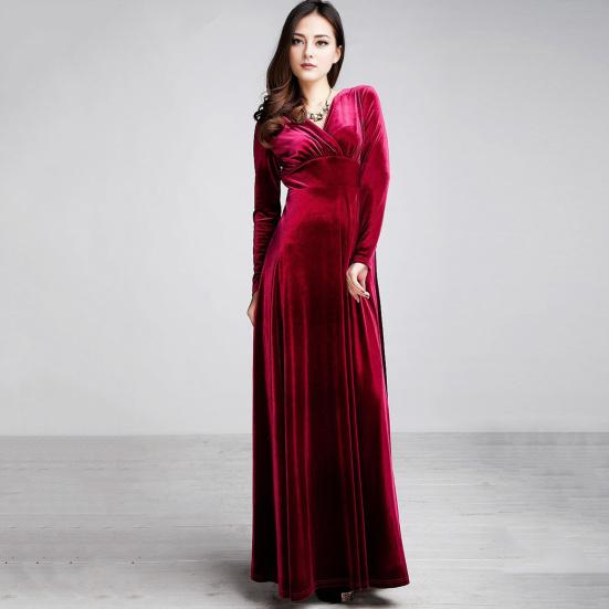 Women Evening Dress Golden Velvet V Neck Pleated A-line Pure Color Long Sleeves Full