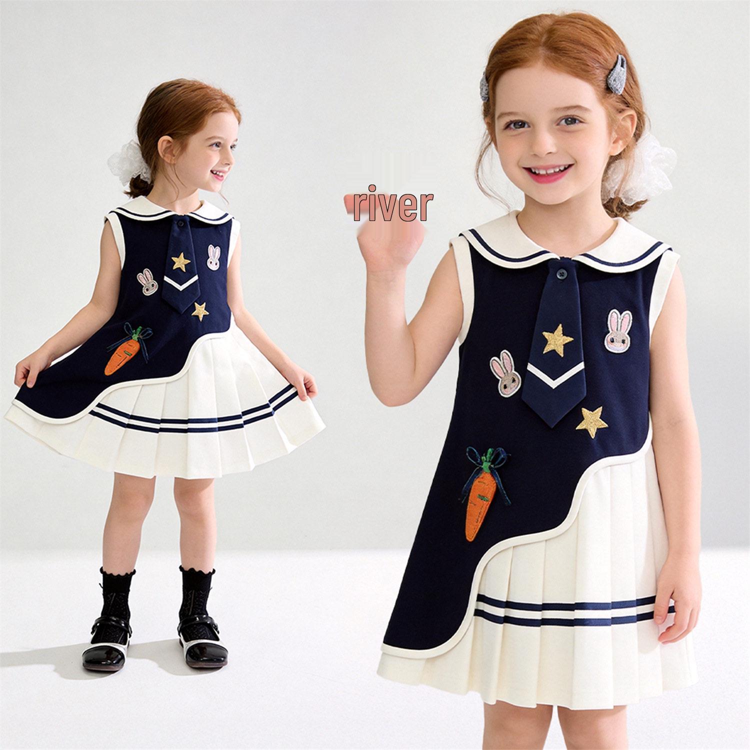 Girls Summer Sailor Collar Cartoon Sleeveless Pleated Dress - Korean Casual Style 140 cm тёмно-синий