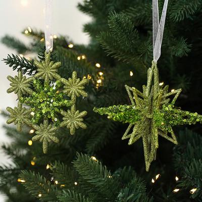 Glitter Christmas Ornaments Green Sequined Butterfly/Star/Reindeer Xmas Tree Hanging Decorations for Xmas Tree Holiday Home