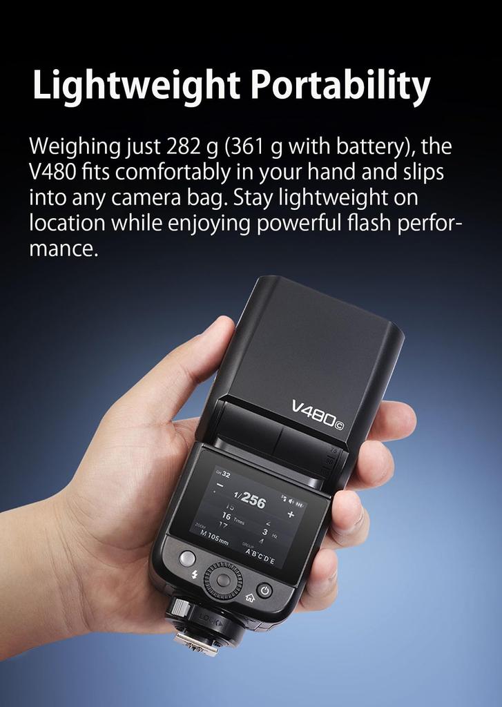 Godox V480S TTL Camera Flash with LED Modeling 10 Brightness TTL Auto 650 Full Compatible with Sony Lithium-Ion Touchscreen, 2-inch Screen, Built-in