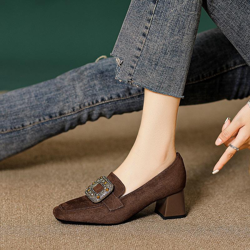 Thick heel high heels women's 2025 new British style women's shoes rhinestone square buckle deep mouth French retro square head single shoes
