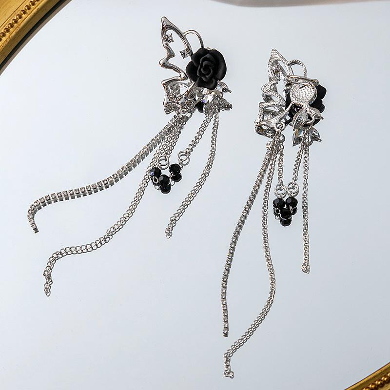 Elegant Butterfly Tassel Chain Non-Pierced Rose Ear Clip Earrings