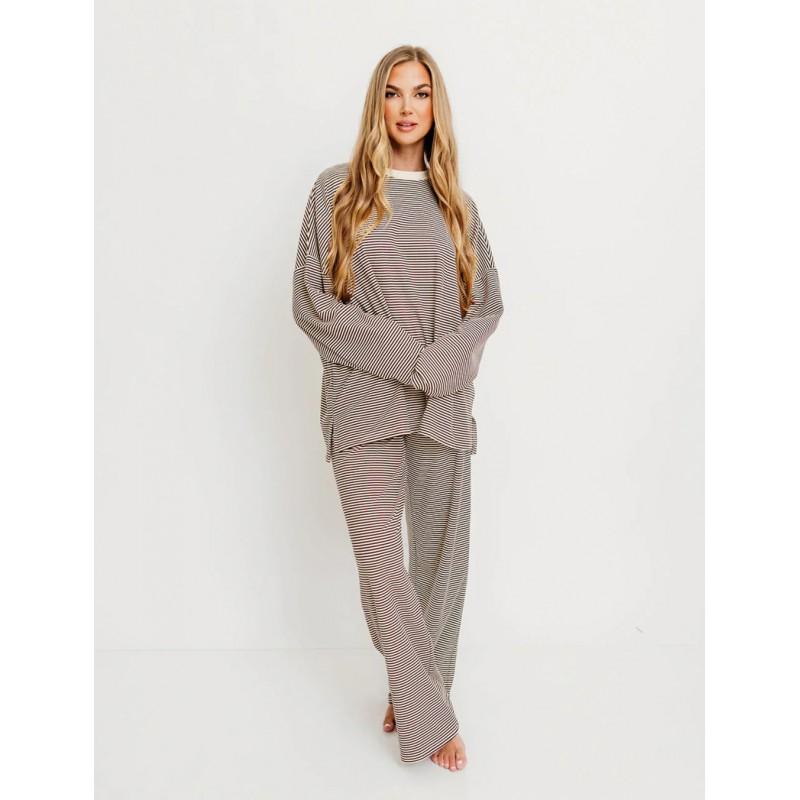 Womens Striped Loungewear Set Long Sleeve Casual Home Pajamas XS-XXXL