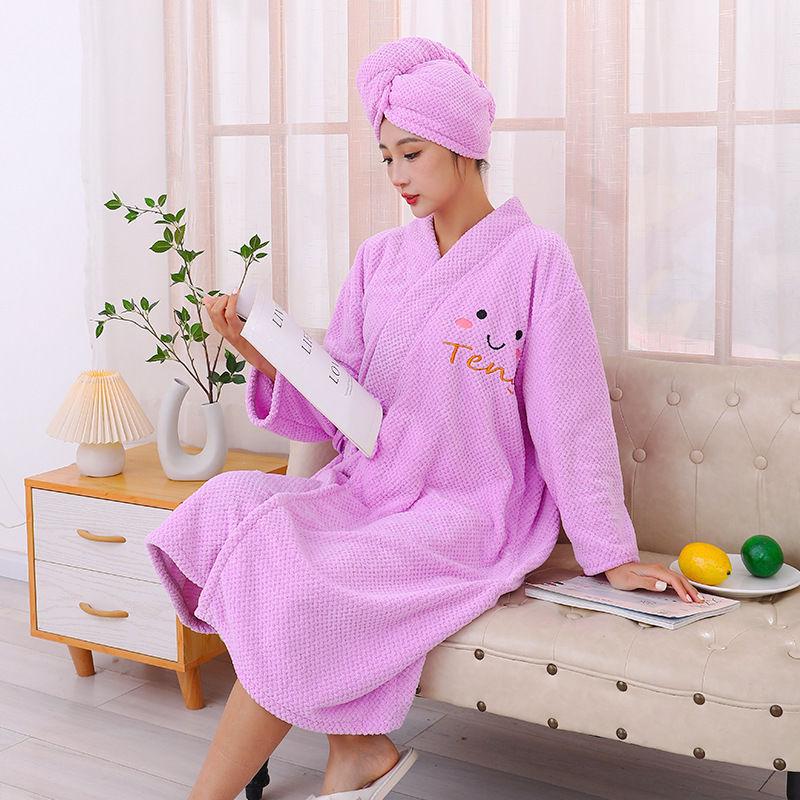 Women's Coral Fleece Bathrobe Set: Long Sleeve Bath Dress and Hair Drying Cap