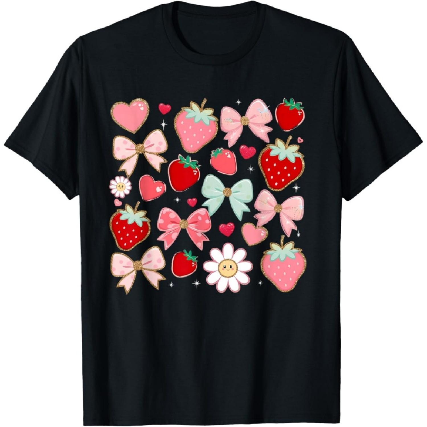 Милая Клубничная Преппи Бант Сердце Кавайи Бохо Кокетка Летняя Футболка(1) S