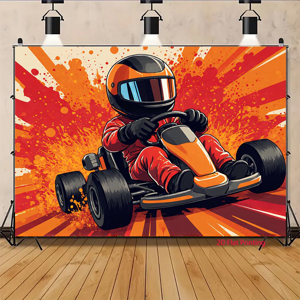 2D plane, illustration of kart driver in one racing suit, providing a perfect backdrop for your party