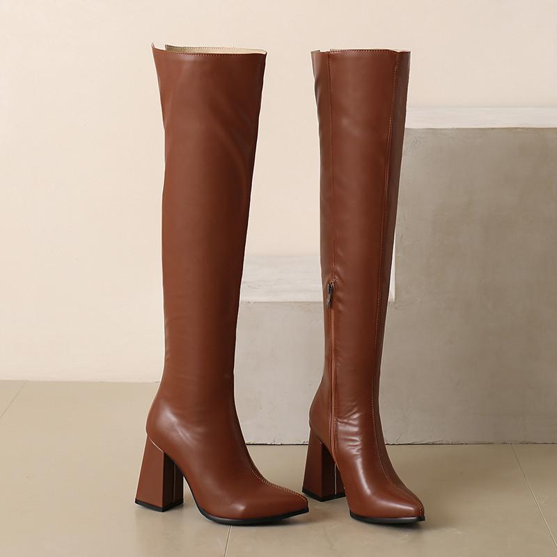 Women's High Heel Boots Autumn and Winter New Simple Everything with Solid Color Thick Heel Large Size Over the Knee Boots