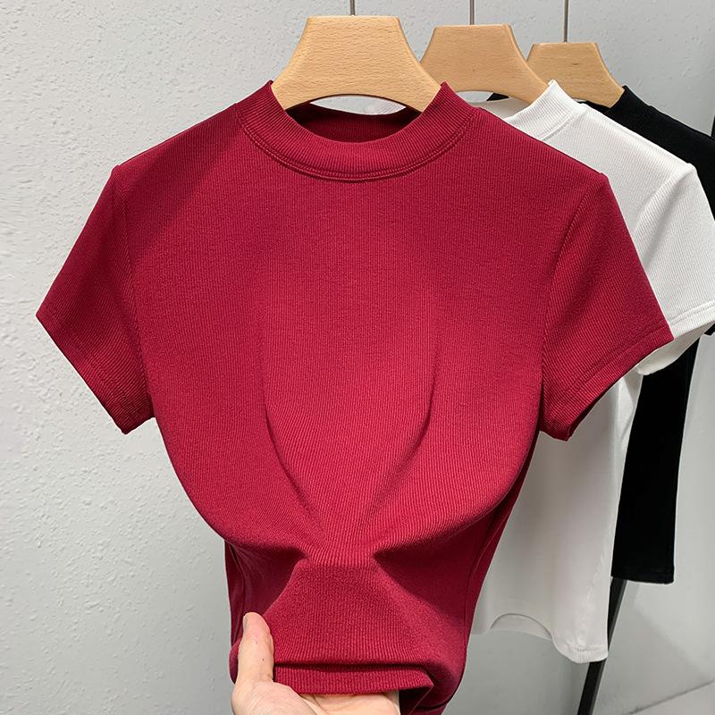 

Базовая рубашка с воротником-стойкой для женщин, новая женская серая футболка с короткими рукавами, облегающая талию, эластичная, облегающая 3XL розовый