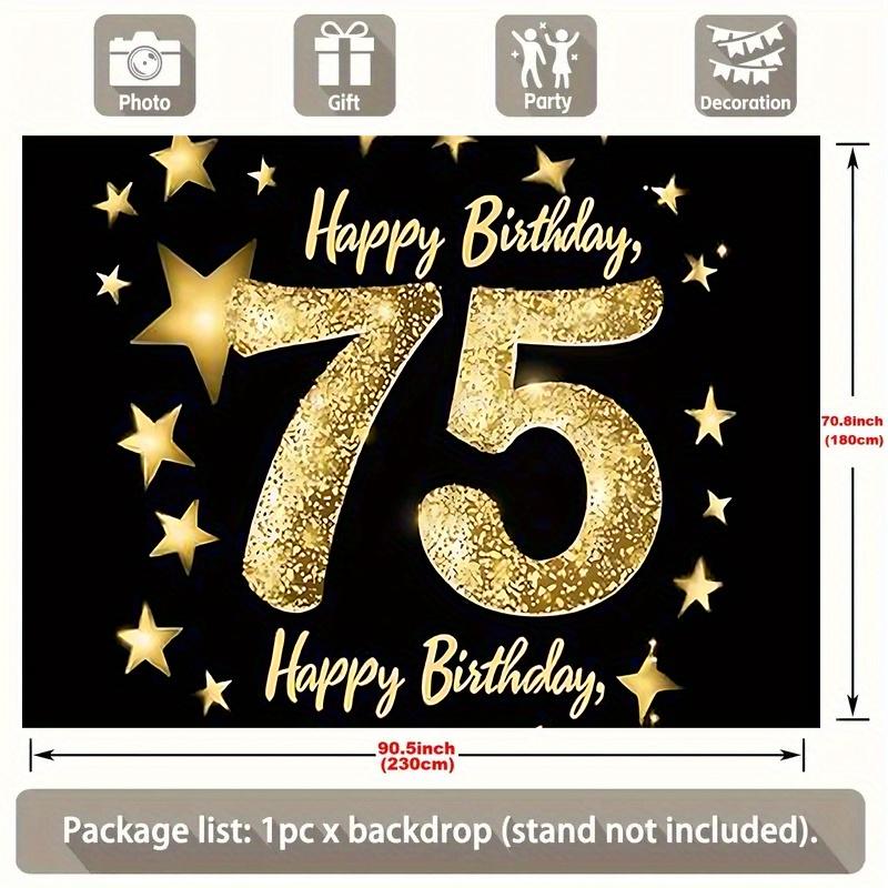 Happy 75th Birthday Golden & Gold Design, 1pc Polyester Party Backdrop Banner, Photo Booth Background, Wall Decor
