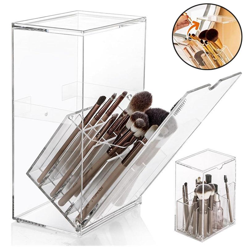 Makeup Brush Holder Organizer with Dustproof Lid Clear Makeup Brush Organizer with 17 Slots Tilt Open Cosmetic Brushes Container