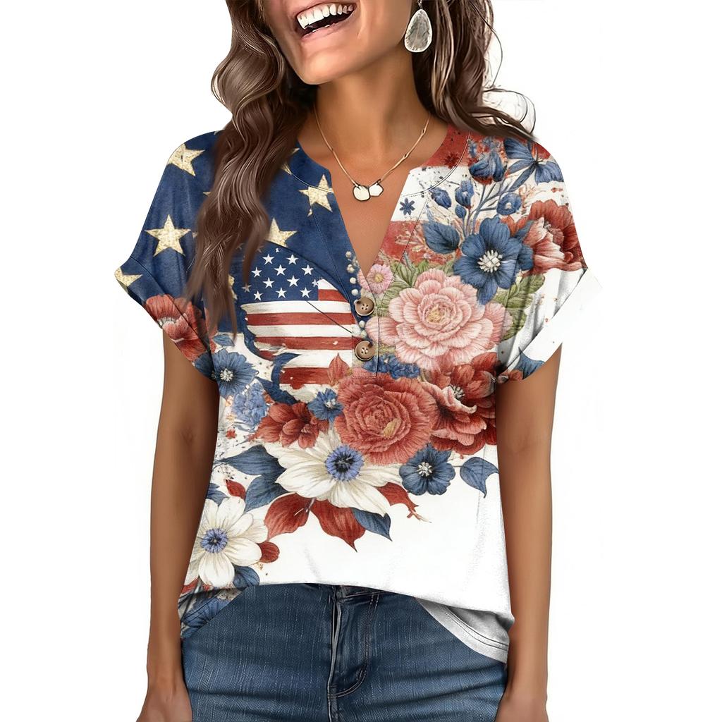 Women's Fashionable Casual Loose-Fit Short-Sleeved Button-Up V-Neck Printed T-Shirt Top