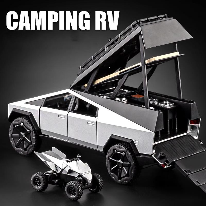 Tesla Cybertruck Camping Pickup mit Motorrad, SUV, Offroad-Modellauto aus Metall im Maßstab 1:24, Sammlerstück, Spielzeug für Kinder