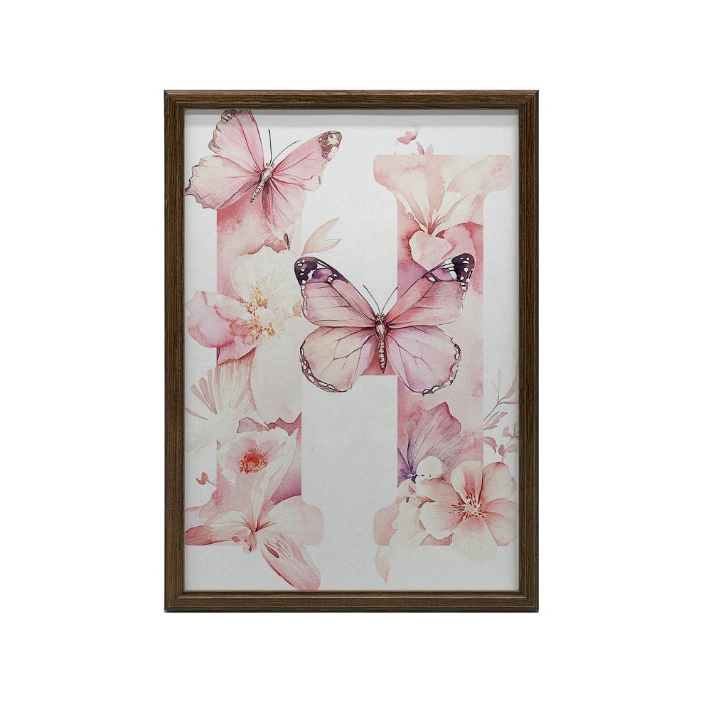 Plakat Romantyczna Litera H Z Kwiatów I Motyli Plakat Romantyczna Litera H Z Kwiatów I Motyli, 50X70 Cm, Rama Aluminiowa Czarna, Papier Matowy 230 Gsm