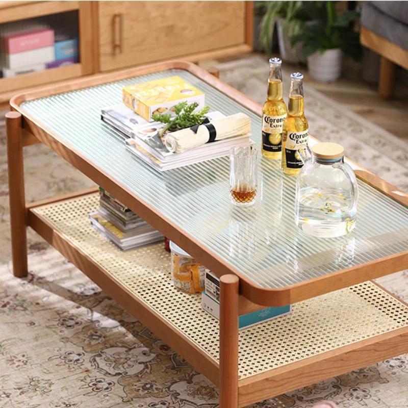 Tea Table Solid Woodrattan Woven Glass Nordic Japanese Small Family Cherry Wood Living Room Furniture Rectangular Side