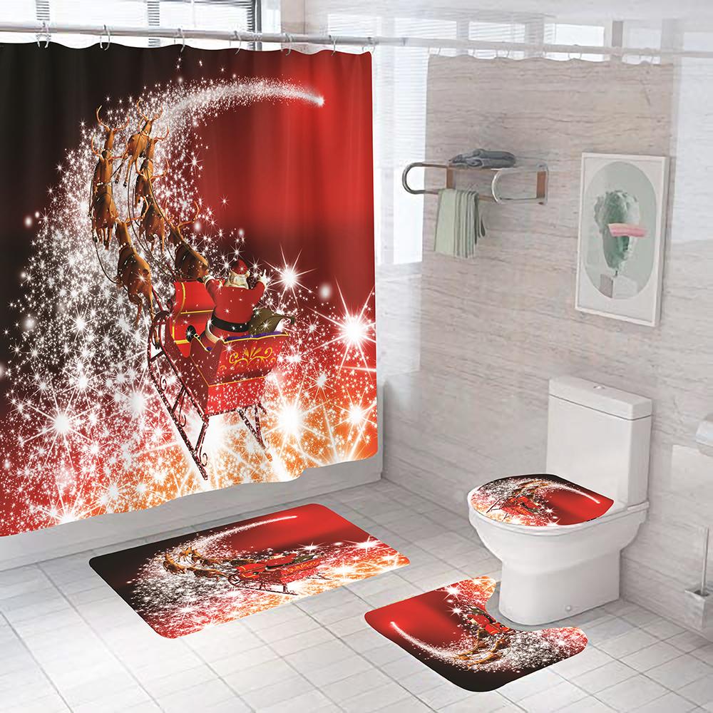 

Christmas Tree Bathroom Set Shower Curtain Set Waterproof Santa Claus Anti-Skid Rugs Toilet Cover Bath Curtains Set With Hooks W60H190(CM)-1 Pcs