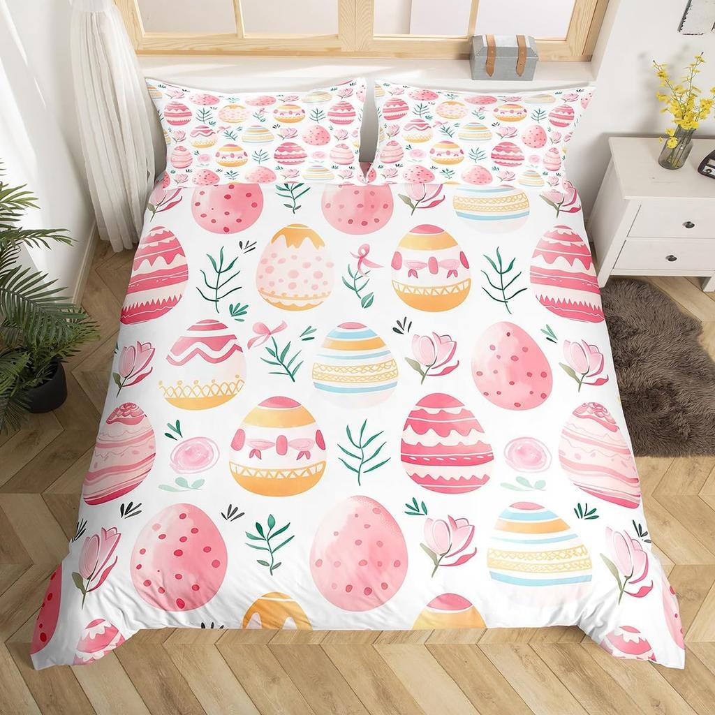 Easter Rose Rabbit Duvet Cover Cute Bunny Happy Easter Bedding Set Full for Kids Boys GirlsRustic Flower Animal Comforter Cover