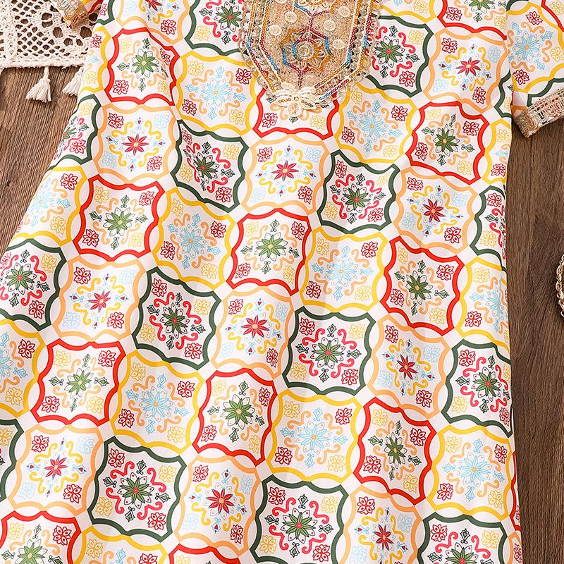 Girls' Big Kids Dress Children's Clothing Summer New Vintage Multi-color Checkered Floral Print Short Sleeve Dress