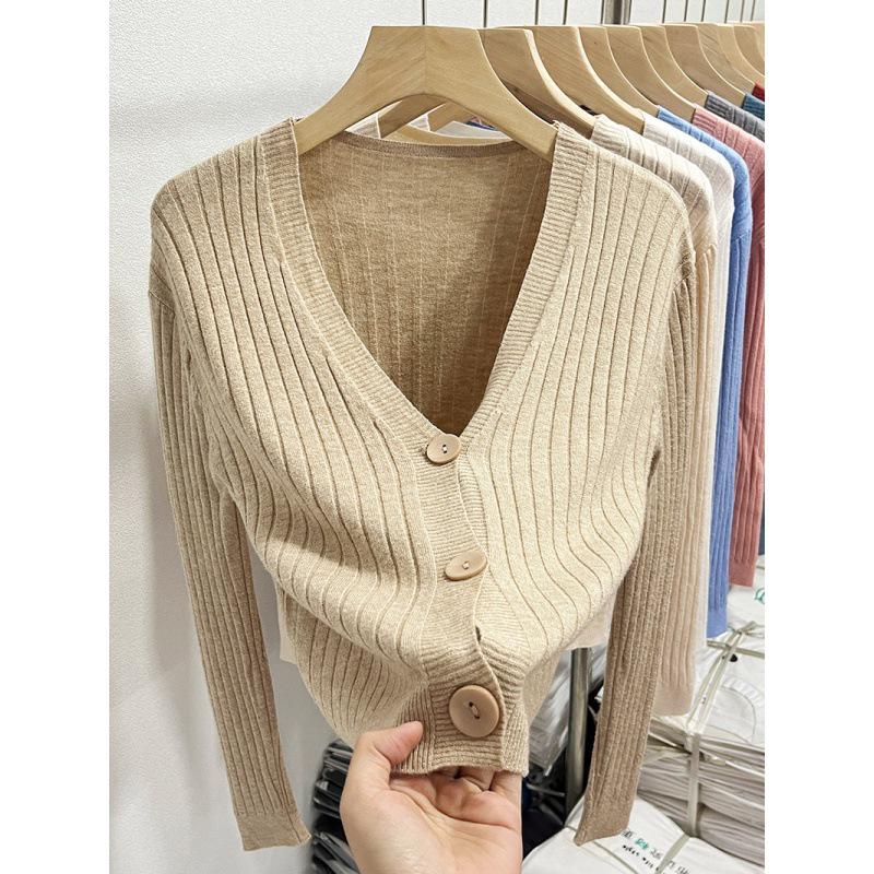 V-Neck Knitted Cardigan: Retro Hong Kong Style Sweater for Spring & Autumn, Long Sleeve Short Jacket for Women
