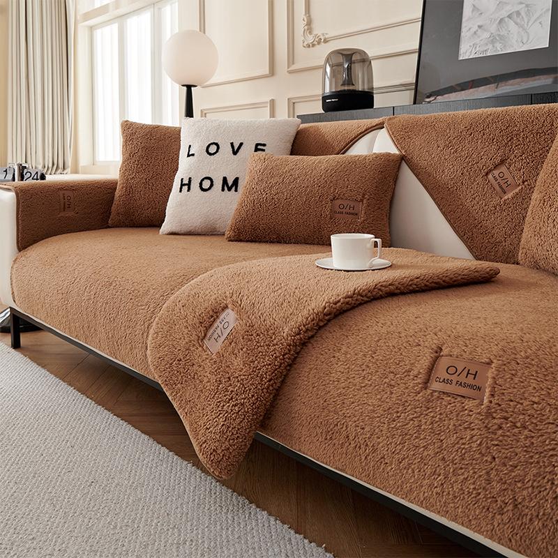 Lamb Wool Sofa Cover Plush Soft Warm Cushion Couch Protector Thicken Non-Slip Solid Color Slipcover for Living Room Decor Modern