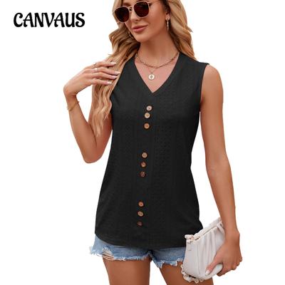 Sommer-Oberteil mit V-Ausschnitt und Knopfleiste, einfarbig, lockere Weste, ärmellos, für Damen