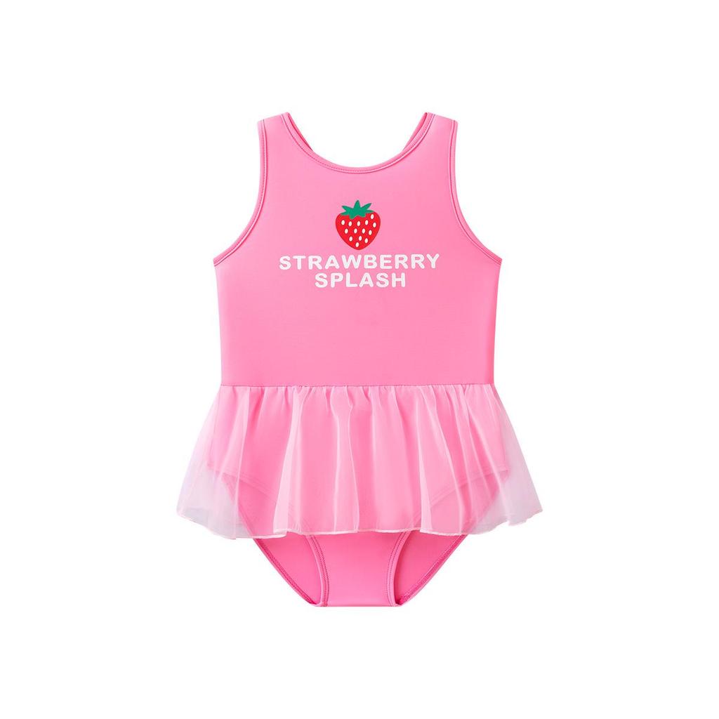 Girls' Strawberry One-Piece Swimsuit with Mesh Skirt - Quick-Drying and Breathable Pink Tankini