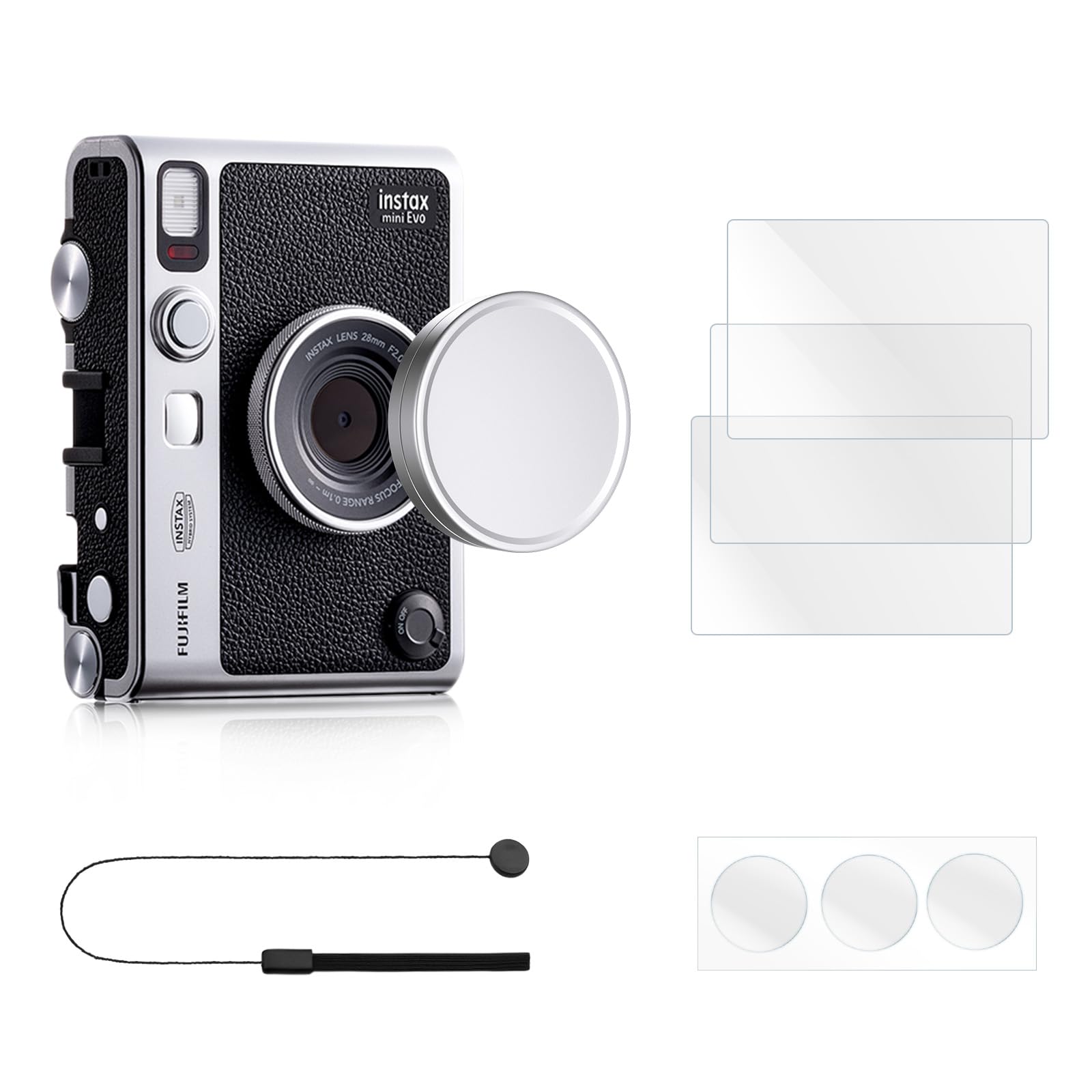 

Rieibi instax mini evo защитная пленка из закаленного стекла для объектива защитная пленка для объектива с простыми в использовании аксессуарами, [Экран + + крышка] ремень против падения,