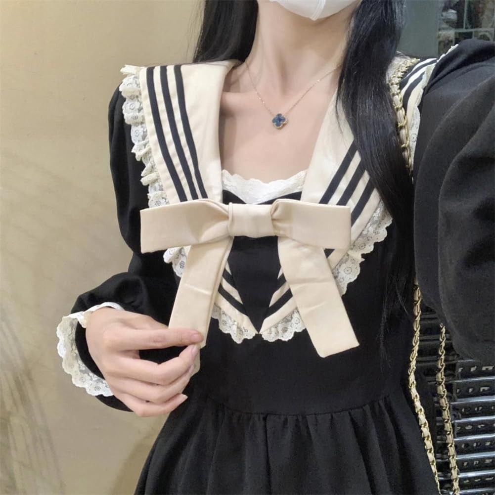 Sailor Collar Dress with Lace and Short Mini and High Cute Lolita Princess Style Dress for School Girls and Perfect for [SDSXZWG] Women's Ribbon,