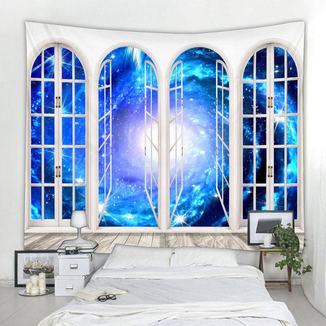 Балконное окно пейзаж гобелен настенный в стиле бохо простыня диван одеяло эстетика гостиная спальня украшение стены