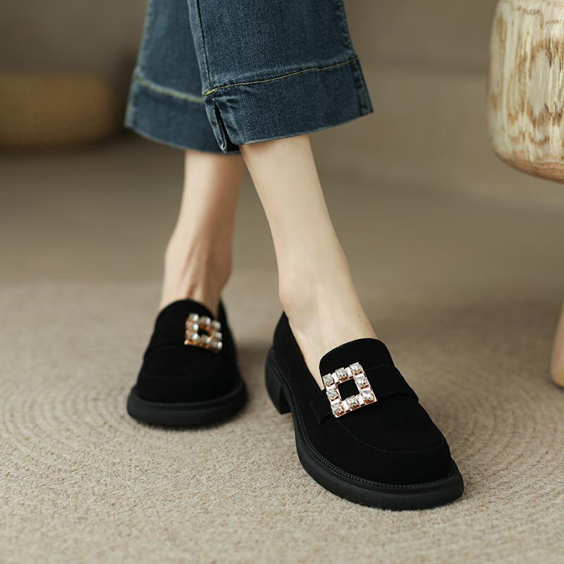 

Новые однотонные женские туфли с круглым носком, толстой подошвой, стразами, квадратной пряжкой, декоративные, повседневные и универсальные 36