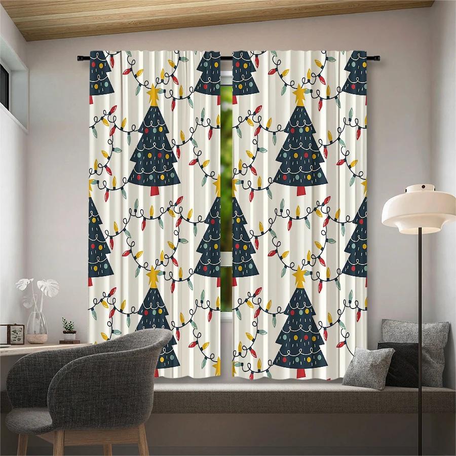 Christmas Tree Snowflake Pattern Printed Curtains Decorations Home Room Curtain Set Of 2 Made Polyester Washable