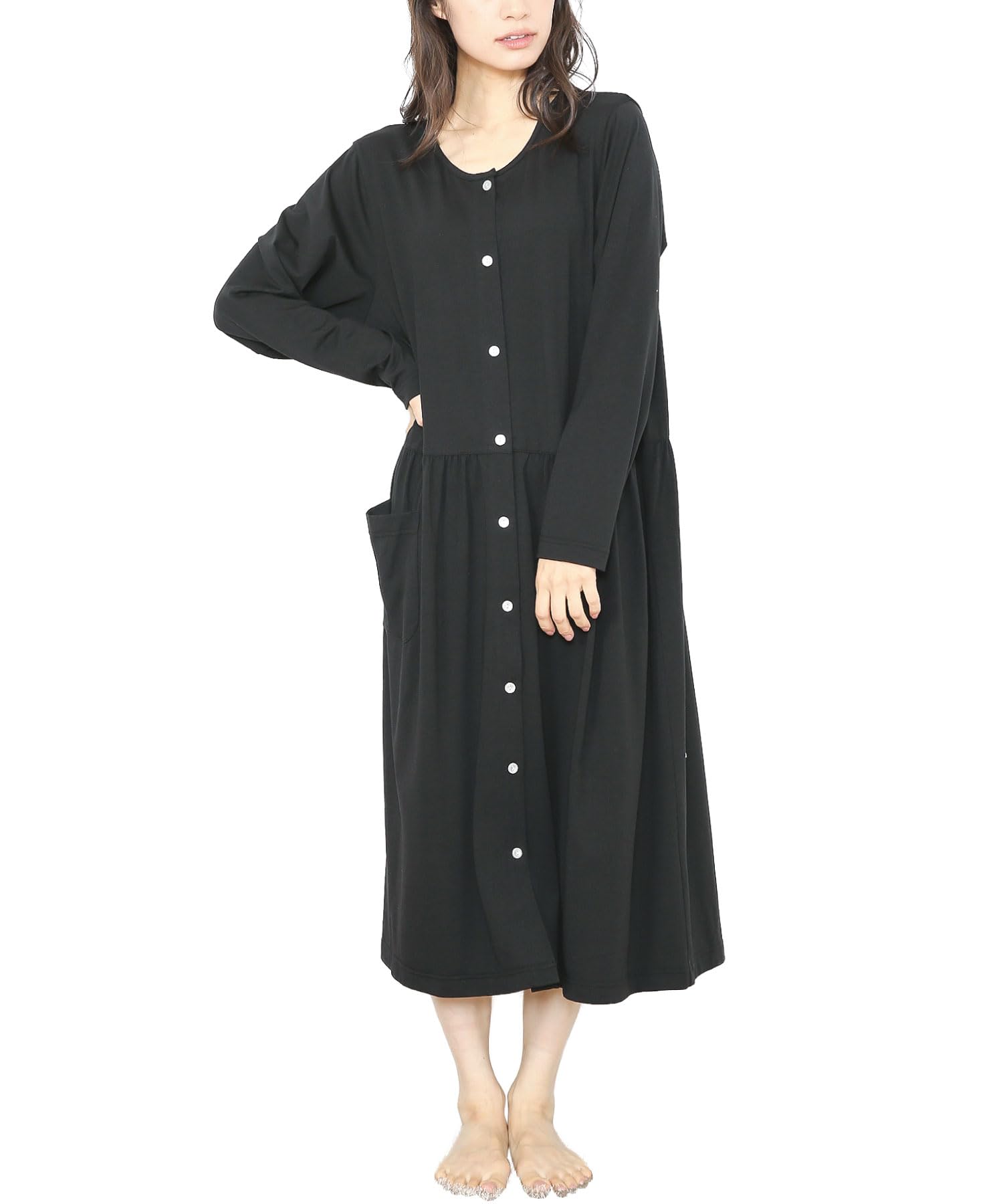 

ON NISHIKI Хлопковая эластичная длинная домашняя одежда с длинным рукавом Женская ночная сорочка, пижама, с открытой передней частью, весна/осень, смесовая, джерси, длина, (черный