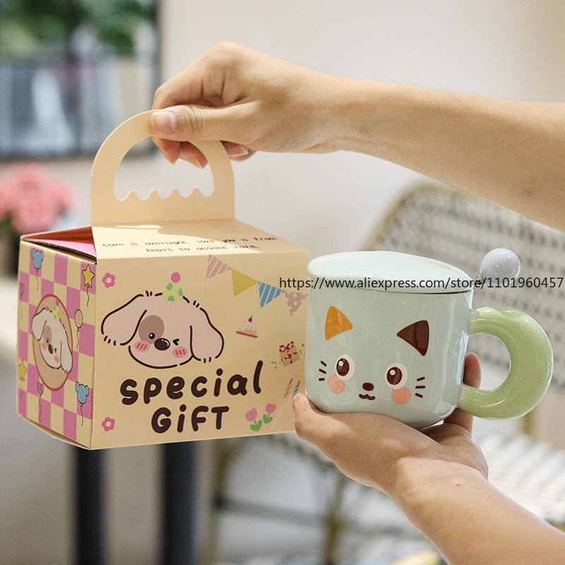 Cute Kitten Mug with Lid, Ceramic Water Cup, Cartoon Birthday Gift, High-value Appearance, Meaningful Present