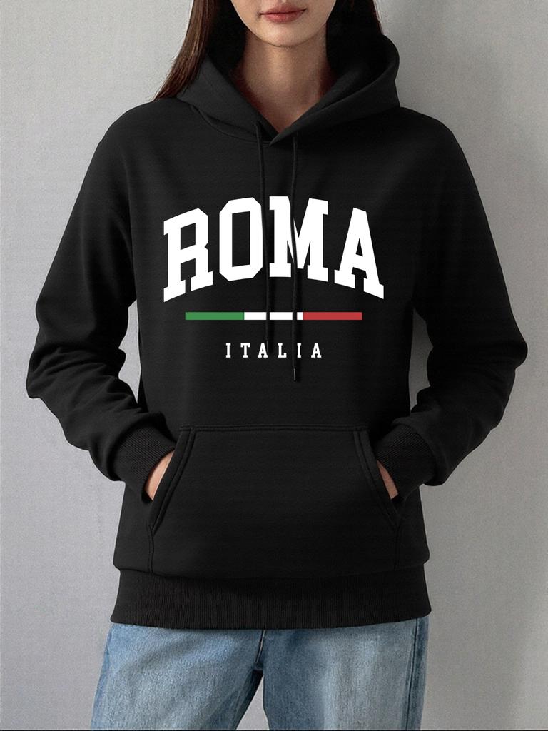 Roma Italia Flag Prints Hoodies Women Winter Fleece Warm Sweatshirts Comfortable Casual Pullovers Basics Pocket Woman Clothes