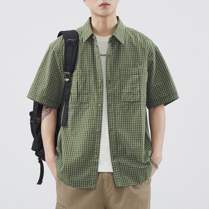 Retro Men's Short-sleeved Shirt Plaid Casual American Work Shirt Jacket