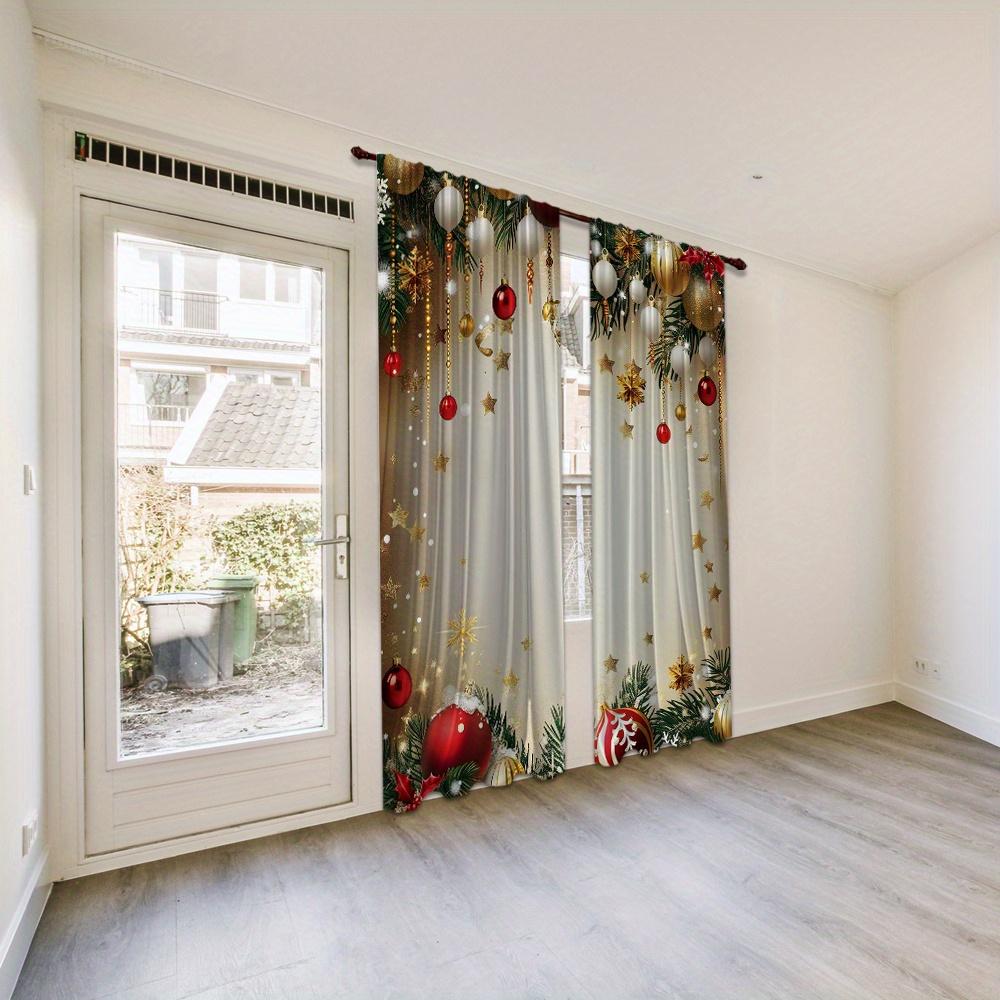 2 stuks Rode Kerst Bedrukte Semi-Verduisterende Gordijnen met Groene Takken en Gouden Ballen Drapes voor Woonkamer Slaapkamer