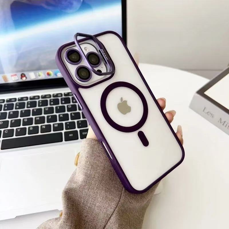 Luxury Transparent Phone Case For 16 15 14 13 12 11 Pro Max 17 Air For Magsafe Magnetic Lens Metal Stand Holder Cover