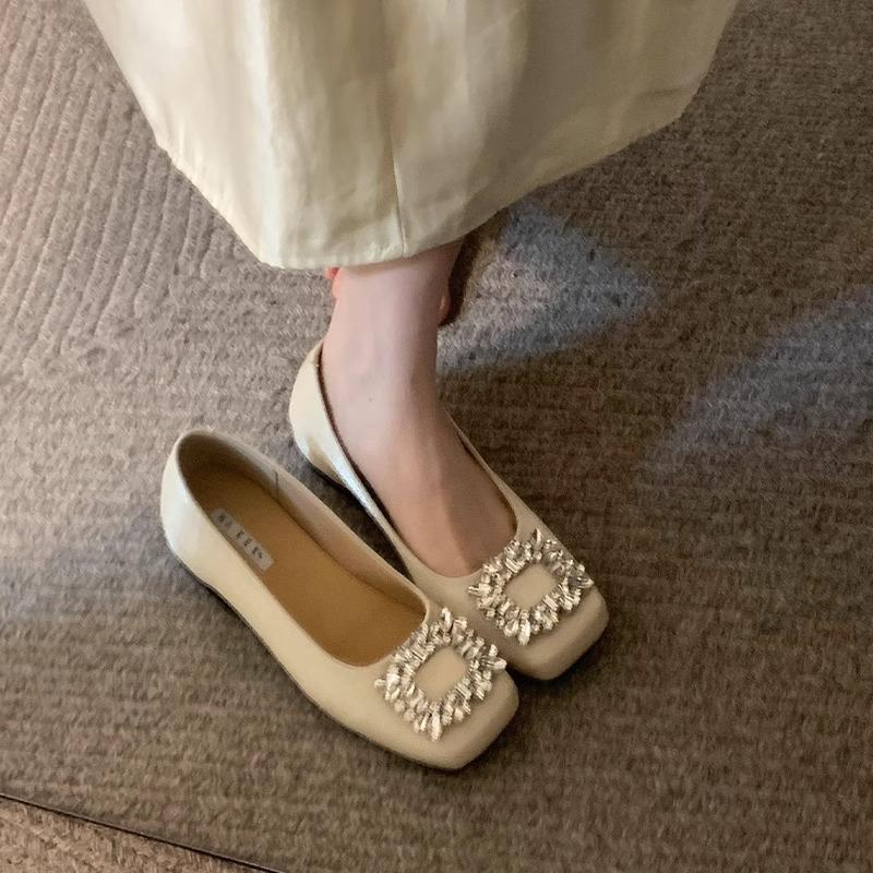 

Lan Cabinet temperament rhinestone square buckle single shoes fairy shoes 2025 Korean version inner height increase one pedal commuting Mary Jane shoe 35 абрикосовый