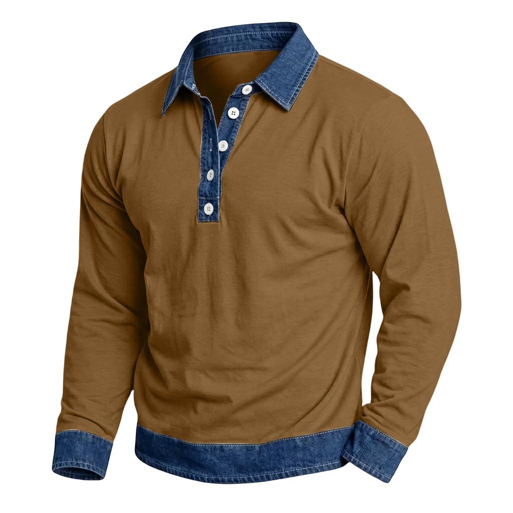 Herren Casual Patchwork Denim Langarmhemd mit Kragen