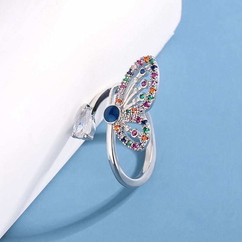 Fashiona Temperament Colorful Diamond Inlay 925 Sterling Silver Personality Creative Butterfly Opening Rings  R055