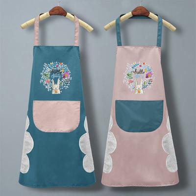 Waterproof Kitchen Apron with Floral Rabbit Design Adjustable Strap Oil Resistant Durable Fabric Large Front Pocket for Household Use